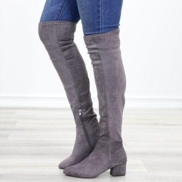 Pointy Toe Over The Knee Gray Boots Faux Suede - Picture 9 of 12
